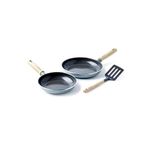 GreenPan Mayflower Healthy Ceramic Non-Stick 3-Piece Frying Pan Skillet Set 20 cm & 24 cm, Including Slotted turner, Vintage Wood Handle, PFAS-Free, Induction, Smoky Blue