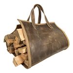 Toolshed Hide, Rustic Firewood Carrier with Handles Handmade from Full Grain Leather - Foldable Log Bag, Fireplace Wood Stove Accessories - Bourbon Brown