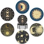 Drink Coasters Set of 6 with Holder,Gold Sun Moon Clouds Stars Absorbent Ceramic Coasters with Cork Base,Fit All Cups,Tabletop Protection Mat for Mugs and Cups,Office,Kitchen