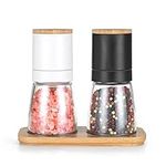 Vucchini Salt and Black Pepper Grinder Set - Bamboo Lid and Wood Stand Refillable Sea Salt Grinder Shaker Mills (Black and White)