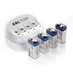 EBL 9V Rechargeable Batteries (4 Packs) 600mAh with 4 Bay 9V Lithium ion Battery Charger for 9V Li-ion Batteries