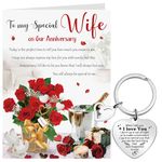 Faccito Anniversary Wife Gifts from Husband Wedding Anniversary Card Hearts and Roses Greeting Card with White Envelope Keyring Keychain for Valentine Wife Her Present