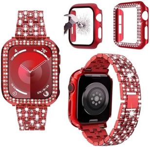 JOHIPI 3-Pack Compatible Apple Watch Band 38mm-46mm, Bling Diamond Metal Band with Diamond Case + Screen Protective Cover for iWatch Series 10 9 SE 8 7 6 5 4 3 2 1 (Red, 46mm)