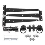 Infinity Decor 10” / 250mm Tee Hinges (3) Garden Gate kit Plain Ring Latch and Brenton Bolt Gate Epoxy Black for Wooden Shed Doors & Garage Gate Fitting Kit