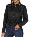 JOHN MOON Womens Suede Fringe Western Long Sleeve Shirt with Studs Embroidered Cowgirl Snap Blouse Tops Country Style Outfits, Black, Small