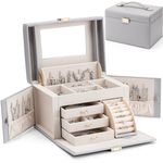 Vlando Jewelry Box Organizer for Girls Women, Large Baroque Jewelry Storage Box with Mirror, Drawers for Bracelets, Earrings, Rings, Necklaces, Mothers Day Gifts for Loved One, Grey