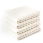 Encasa XO Kitchen Dish Towels Set | Solid Off White | Waffle Weave and Flat Hand Tea Towel | 70x45 cm | Quick Drying Reusable Cotton Washcloths | Multipurpose Lightweight Dishcloths Set of 4