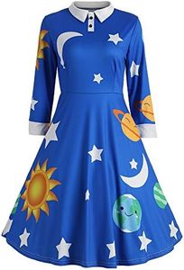 CHARMMA Women's Vintage Peter Pan Collar Planet Print A Line Flare Party Dress (Blue, L)