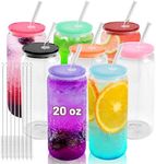 Joyclub 20 oz Glass Cups with Acrylic Lids and Straws 8pcs Can Shaped Glass Iced Coffee Cups with Lids, Drinking Jar Glasses Cute Tumbler Cup Great for Smoothie Soda Boba Tea Cocktail Beer Gift