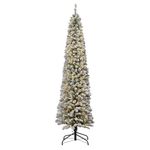 Celebright 6ft/180cm Flocked Christmas Pencil Tree Prelit with 300 Warm White and Multicolour LED Lights - 11 Light Functions, Foot Pedal, & Snowy Effect