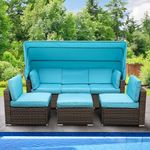 YITAHOME Outdoor Patio Wicker Daybed Furniture Set with Retractable Canopy, Storable Side Table, and Soft Cushions for Relaxing in Your Backyard or Porch, Turquoise