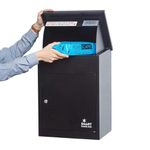 SMART PARCEL BOX Wall Mounted Parcel Box Outdoor, Medium Black Delivery Box, Secure, Durable Galvanised Steel Weatherproof, Lockable For Post, Multiple Letters & Large Package Drop