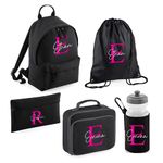 Personalised Kids Back To School Kit with Custom Name & Initial | Black with Pink Initial Backpack, Lunch Bag, PE Bag, Pencil Case & Water Bottle | Ideal for Girls Starting Nursery or School