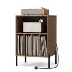 CASART Record Player Stand, Turntable Stand with Charging Station, Metal Legs & Cable Hole, Vinyl Record Storage Cabinet Holds up to 150 Albums End Table for Living Room Bedroom (Walnut)