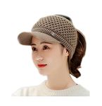 Bold N Elegant Warm Wool Knitted Winter Ponytail High Bun Baseball Cap Hat Beanie with Visor for Women (Khaki Brown)