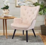 Modern Velvet Accent Chair Tufted Button Wingback Vanity Chair with Arms Upholstered Tall Back Desk Chair with Solid Wood Legs for Living Room Bedroom Waiting Room (Baby Pink)