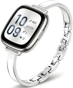 Mosonio Slim Elegant Band Compatible with Fitbit Versa 4/Versa 3/Sense 2/Sense for Women, Dressy Metal Bands with Embedded Silicone Accents and Easy-adjust Link Clasps for Daily Wear (Silver + White)