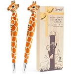 VIPbuy 2 Count 100% Handmade Wood Carved Refillable Gel Ink Pens, Novelty Refillable Writing Pens Office School Supplies, Giraffe