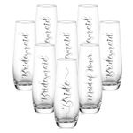 NUPTIO Champagne Glasses Bridal Shower Gift: Set of 8 Stemless Party Prosecco Flutes Tumbler Bride Bridesmaid Maid of Honor Wedding Clear Silver Embossed