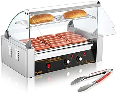 VEVOR Hot Dog Roller 7 Rollers 18 Hot Dogs Capacity 1050W Stainless Sausage Grill Cooker Machine with Dual Temp Control Glass Hood Acrylic Cover Bun Warmer Shelf Removable Oil Drip Tray, ETL Certified