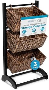 BIRDROCK HOME 3-Tier Abaca Storage Organizer Shelf with Solid Wood Frame - Durable Handwoven Abaca Fiber Baskets - Ideal for Organizing Living Rooms, Bedrooms, or Kitchens - Brown Wash, Espresso