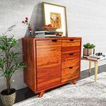 PS DECOR Solid Wood Side Board Cabinet for Living Room |Reception Crockery| Books | Side. Cabinet with 3 Drawers & One Cabinet Storage with Adjustable Selves | Sheesham Wood Honey Finish Unfinesd