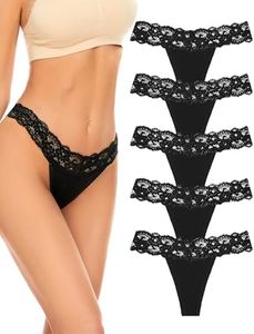 VOENXE Seamless Lace Thongs for Women No Show Thong Underwear,Lady Breathable Comfort Panty Soft Laser Cut Undie,Tanga,5-Pack Black