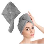 Shakeel Microfiber Hair Towel Wrap | Super Absorbent Hair Turbans for Wet Hair Quick Dry, Hair Wrap Towel with Buttons, Hair Drying Towel Anti-frizz, Grey