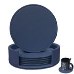 ORIJOYNA Coasters Set of 6 Soft Leather Drink Coaster Round Coaster with Sewing Around, Suitable for Various Cups, Wooden Tables,Home Decoration,4 Inches(Navy Blue)