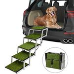 Extra Wide Dog Car Stairs Adjustable Large Pet Dogs Ladder Lightweight Aluminum Foldable Dog Ramp with 5 Steps and Artificial Grass Non-Slip Surface for Cars SUV and High Beds,Supports up to 150 Lbs