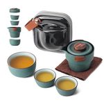 Portable Teapot Set, Portable Kung Fu Tea Set Mini Traveling Chinese Ceramic Teapot with 3 Cups All in One Travel Bag - Ideal for Travel Camping Picnic (Green)