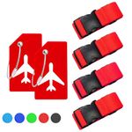 4 Pcs Luggage Suitcase Straps Set, Heavy Duty Luggage Straps Adjustable Luggage Belts Travel Suitcase Belts With 2 Pcs Name ID Card for Luggage Suitcase Travel(Red)