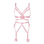 JMMHSS Women Punk Full Body Harness Elastic Cupless Cage Bra Adjustable Hollow Out Strappy Set Strappy Garter Belts (Pink)