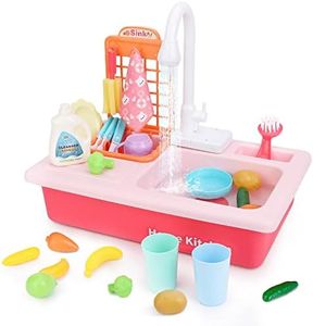 BOBXIN Play Sink with Running Water, Kids Pretend Play Kitchen Toy Sink for Girl, Role Play Electronic Dishwasher Kitchen Water Toys Set with Upgraded Working Faucet and Dishes Playset for Boy Toddler