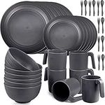 36pcs Unbreakable Dinnerware Sets for 6 People, Camping Plates and Bowls Set, Plastic Picnic Dinner Sets, Lightweight BBQ Serving Plates, Bowls, Cups,Cutlery Set, Forks,Tableware (Grey)