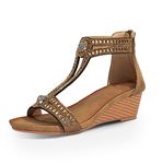 FRALOSHA Wedge Sandals for Women Open Toe Casual Summer Rhinestone Glitter High Heel Breathable Beach Sandals Brown 8