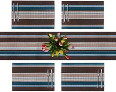 CK Home Modern Table Runner and 4 Placemats for Dining Table- Set of 5. Durable for Outdoor or Indoor Kitchen. Easy to Clean and Store. Color-Teal/Brown