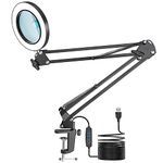 Jubor Magnifying Glass with Light and Stand, 10X 8X LED Magnifying Lamp with Clamp, Desk Magnifier Lamp with 3 Color Modes Dimmable for Hobby Crafting, Workstation Lamp, LED Reading Lamp