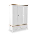 RoselandFurniture Farrow White 3 Door Triple Wardrobe for Bedroom with 2 Drawers & Oak Top | Large Contemporary Painted Solid Wood Closet Storage Solutions Unit with Hanging Rail