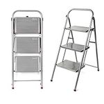 Kleeneze KL068514EU 3-Step Folding Stepladder – Large Step Stool with Non-Slip Feet, Collapsible for Compact Storage, Strong Steel Structure, Safety Clip, 150kg Weight Capacity, 105cm High, Pink/Grey