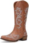 Jeossy Women's 9808 Brown Cowboy Boots for Women, Round Toe Cowgirl Boots, Western Embroidered Mid High Wide Calf Chunky Pull on Boot with Inner Zipper Size 9.5(DJY9808 Brown 09.5)