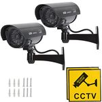 TIMESETL 2Pack Dummy Camera Waterproof Bullet Shape Black Fake Security Camera with Red Flashing LED + Yellow CCTV Signs, Wireless Wall Mount Plugs + Screws