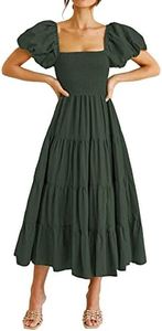 PRETTYGARDEN Women's Casual Summer Midi Dress Puffy Short Sleeve Square Neck Smocked Tiered Ruffle Dresses, Army Green, Small