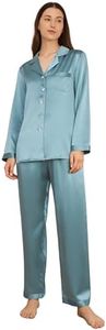 LilySilk Silk Pajamas for Women 100% Mulberry Silk 22 Momme Pajama Set Long Sleeve Button Down Sleepwear & Wide Trouser-Leg Pants M, Blue Haze