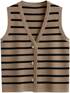 LILLUSORY Vest Tops for Women 2026 Spring Striped Sweaters Button Up Summer Business Casual Outfits Womens Blouses Jackets Fashion Clothes Sleeveless V Neck Tops Khaki Black XL