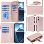 Jaorty Fit for iPhone 16 5G Phone Case Wallet for Women with Strap,Crossbody Shoulder Lanyard Wallet Case for iPhone 16 with Card Holder,Zipper Pocket PU Leather Phone Case,6.1" Rosegold