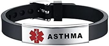 KunBead Jewelry ASTHMA Medical Alert Bracelets for Women Adjustable Stainless Steel Silicone Emergency Awareness Medical ID Bracelet