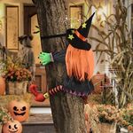 Halloween Decorations Outdoor, Halloween Crashing Witch Into Tree, Halloween Door Decorations, Flying Witches into Tree Trunks Pillars Ornaments, Witch Hanging Outdoor Ornaments for Courtyard Garden