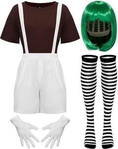 Panitay 5 Pcs Women Halloween Factory Worker Costume Set Chocolate T Shirt Green Short Wig Overall Gloves Sock (Medium)