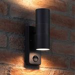 Auraglow PIR Motion Sensor Stainless Steel Up & Down Outdoor Wall Security Light - Black - Warm White